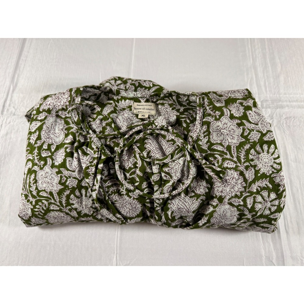 House of Sundar Green Floral Block Print Babydoll Midi Dress XL Boho Handcrafted